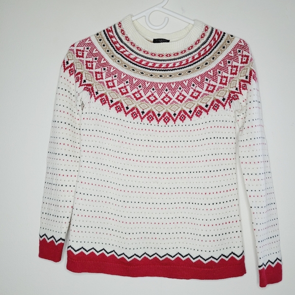 Talbots Sweaters - Talbots Diamond Fair Isle Nordic Sweater Fisherman Petite White Ivory Red Khaki